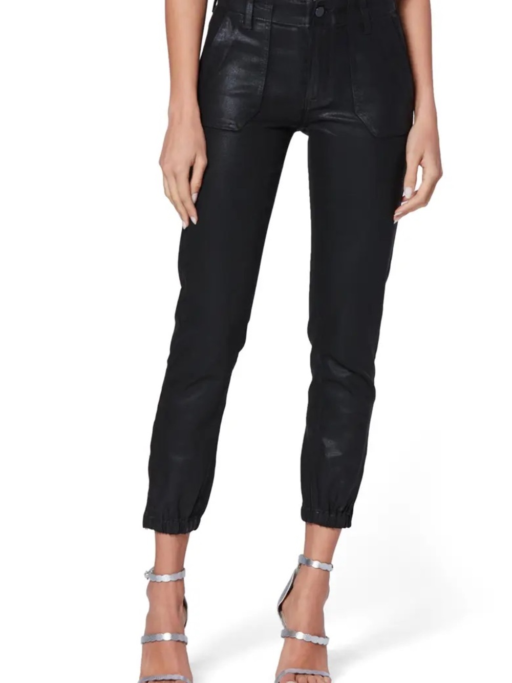 PAIGE Mayslie Black Coated Denim Utility Jogger Pants 28 Zipper Ankle Minimalist